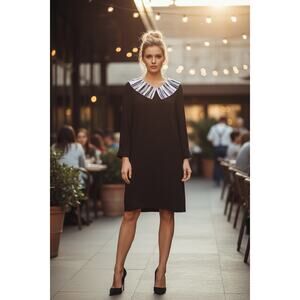 Kai Aakmann Black White Pleated Collar Dress M Mod Chic Pockets Lined Preppy Fun